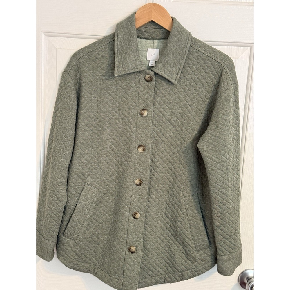 J. Jill Petite size PS Green Quilted Button Front Jacket Pockets Collar preppy